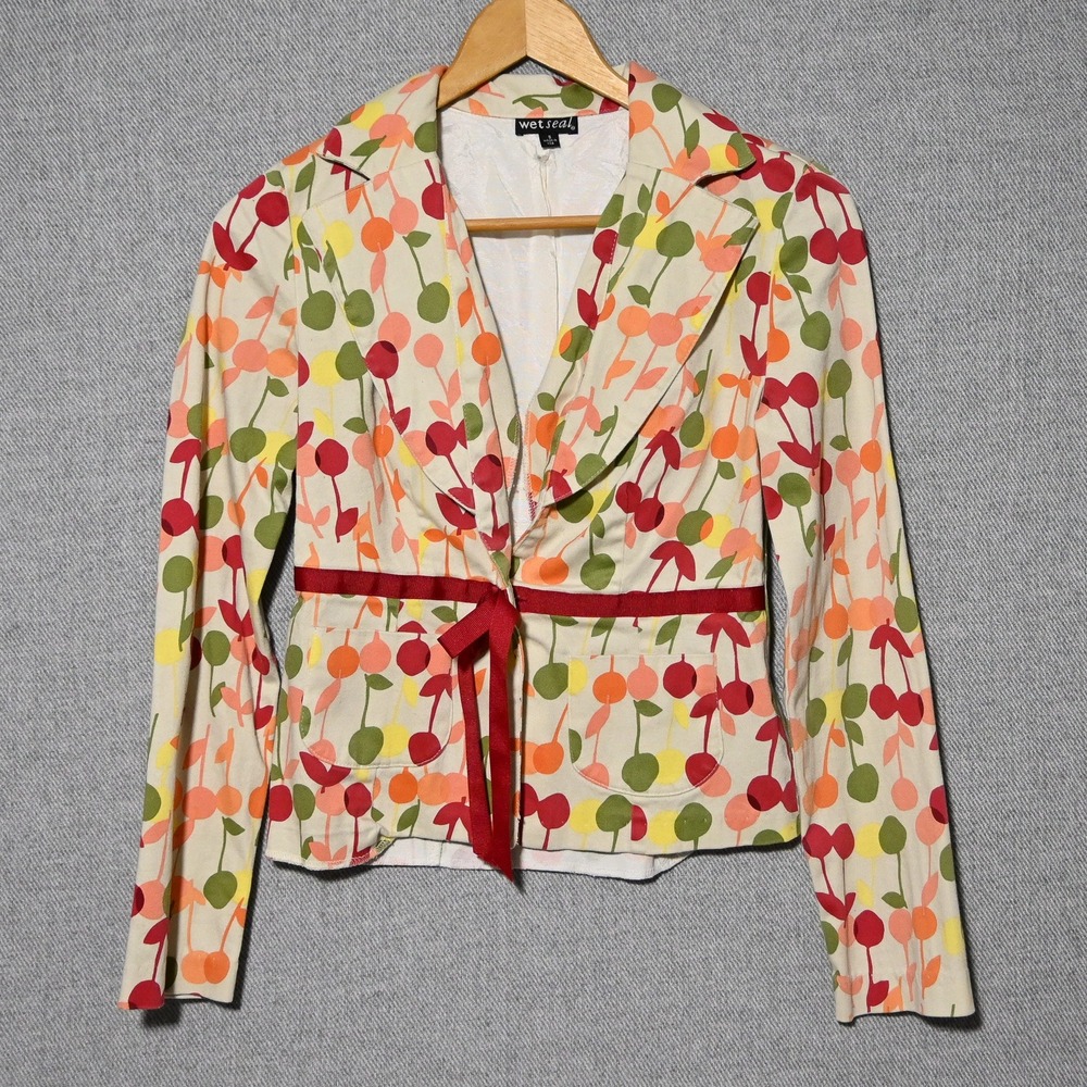 Wet Seal Blazer Womens Y2K Cherry Fruit Print Ribbon Tie USA Small Multi-Color